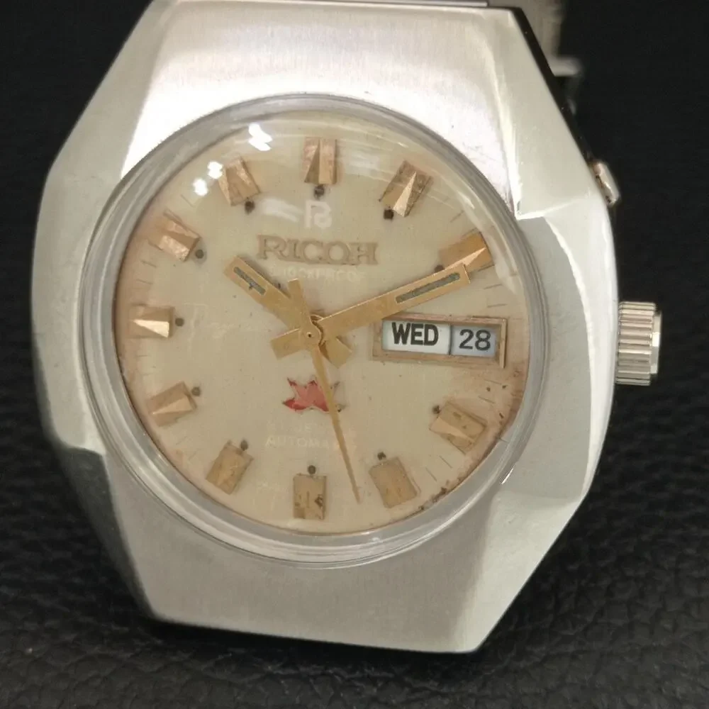 Vintage 1976 Ricoh Automatic Mens Silver Watch W/daydate & Patina accents
